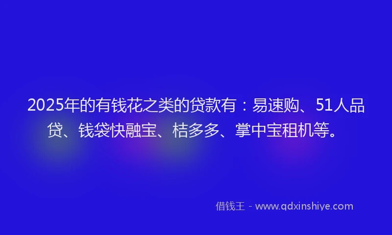 2025年的有钱花之类的贷款有：易速购、51人品贷、钱袋快融宝、桔多多、掌中宝租机等。