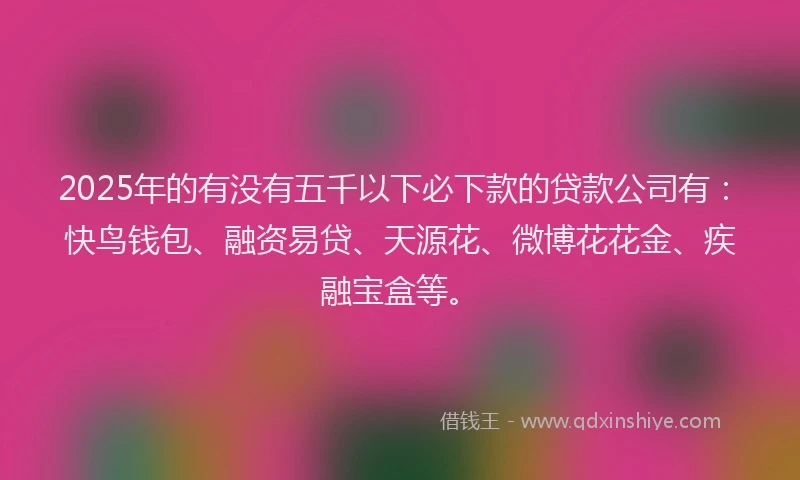 2025年的有没有五千以下必下款的贷款公司有：快鸟钱包、融资易贷、天源花、微博花花金、疾融宝盒等。