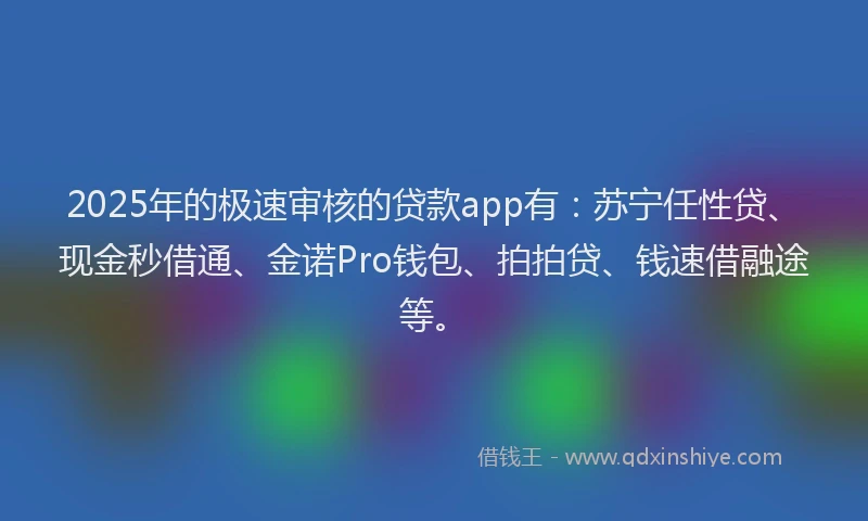 2025年的极速审核的贷款app有：苏宁任性贷、现金秒借通、金诺Pro钱包、拍拍贷、钱速借融途等。