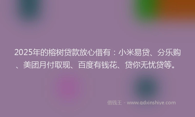 2025年的榕树贷款放心借有：小米易贷、分乐购、美团月付取现、百度有钱花、贷你无忧贷等。