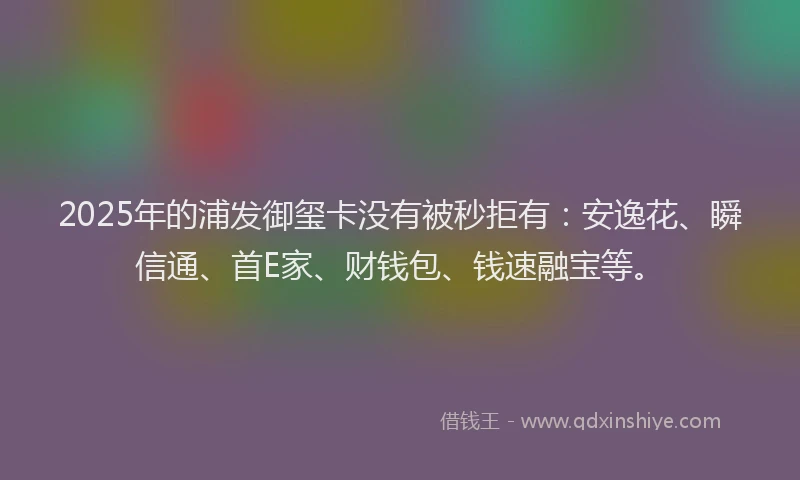 2025年的浦发御玺卡没有被秒拒有：安逸花、瞬信通、首E家、财钱包、钱速融宝等。