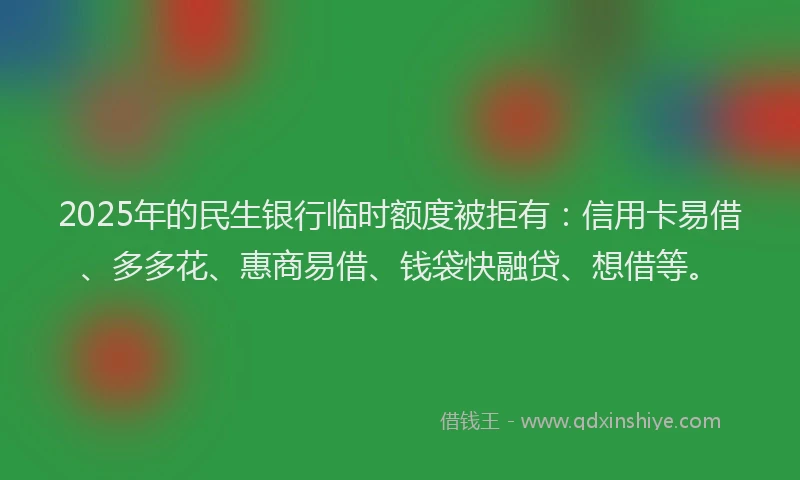 2025年的民生银行临时额度被拒有：信用卡易借、多多花、惠商易借、钱袋快融贷、想借等。