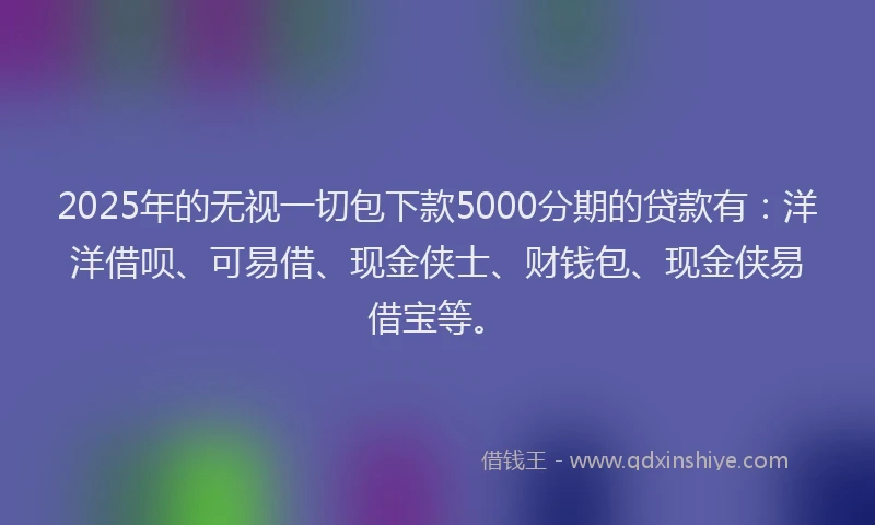 2025年的无视一切包下款5000分期的贷款有：洋洋借呗、可易借、现金侠士、财钱包、现金侠易借宝等。