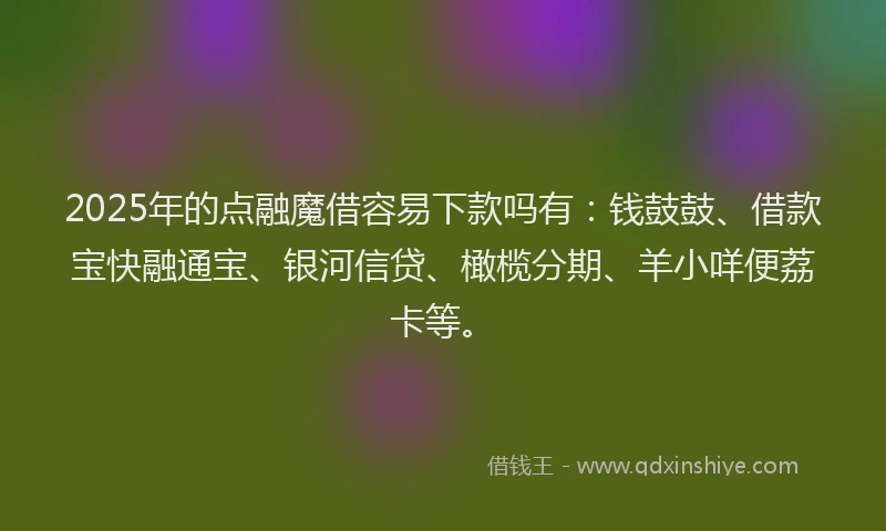 2025年的点融魔借容易下款吗有：钱鼓鼓、借款宝快融通宝、银河信贷、橄榄分期、羊小咩便荔卡等。