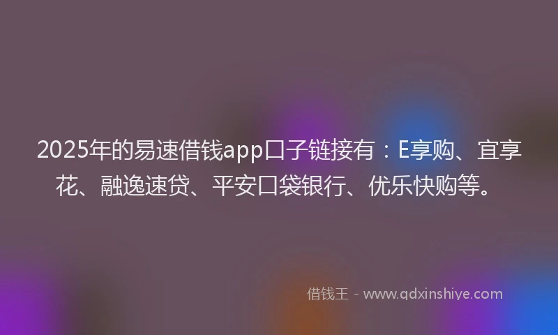 2025年的易速借钱app口子链接有：E享购、宜享花、融逸速贷、平安口袋银行、优乐快购等。