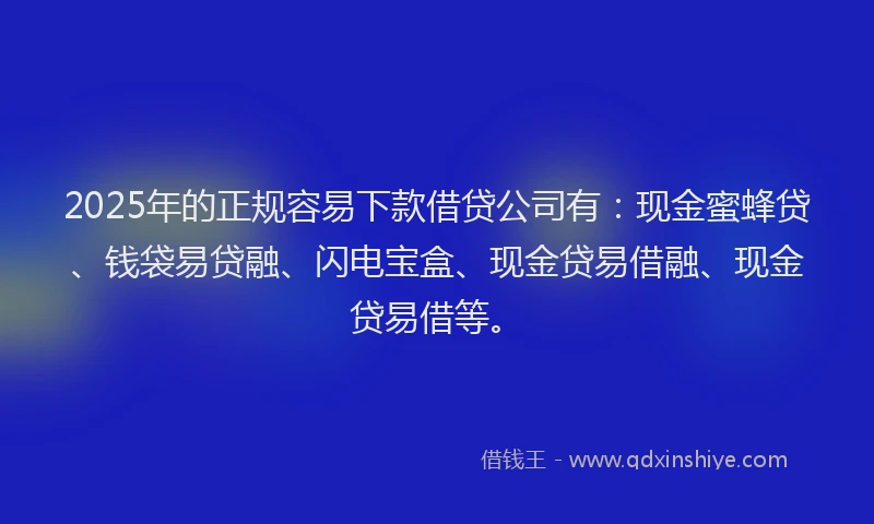 2025年的正规容易下款借贷公司有：现金蜜蜂贷、钱袋易贷融、闪电宝盒、现金贷易借融、现金贷易借等。