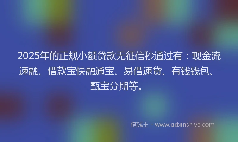 2025年的正规小额贷款无征信秒通过有：现金流速融、借款宝快融通宝、易借速贷、有钱钱包、甄宝分期等。