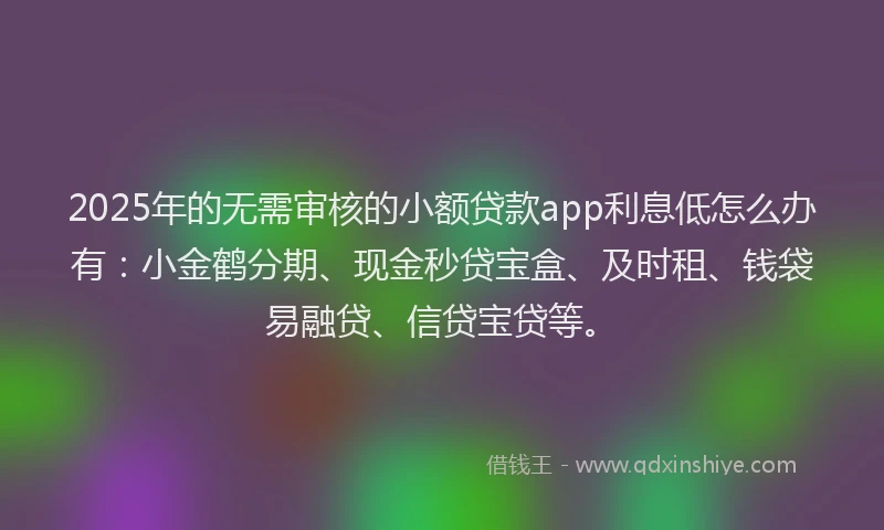 2025年的无需审核的小额贷款app利息低怎么办有：小金鹤分期、现金秒贷宝盒、及时租、钱袋易融贷、信贷宝贷等。