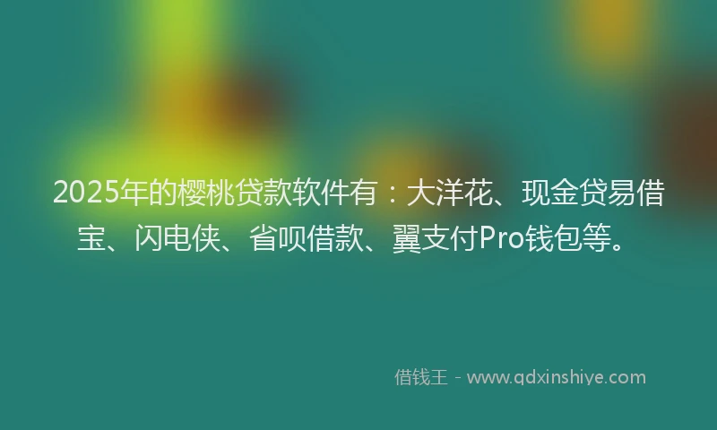 2025年的樱桃贷款软件有：大洋花、现金贷易借宝、闪电侠、省呗借款、翼支付Pro钱包等。