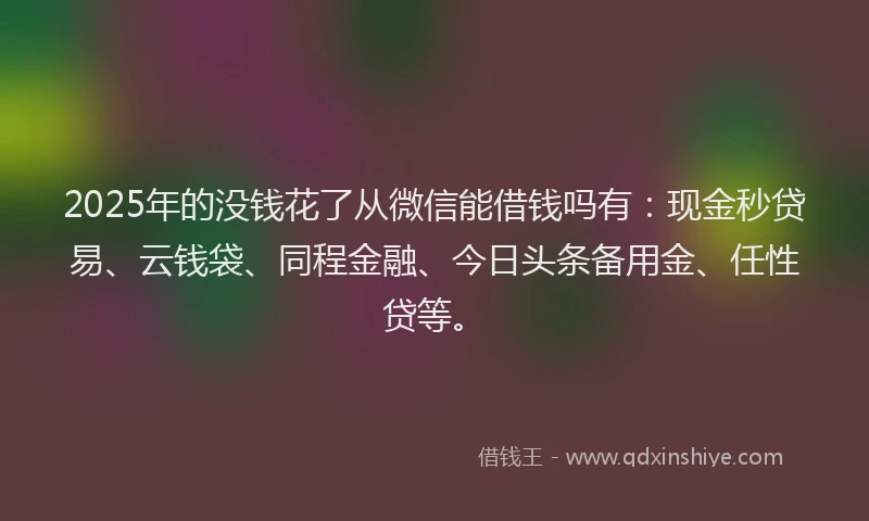 2025年的没钱花了从微信能借钱吗有：现金秒贷易、云钱袋、同程金融、今日头条备用金、任性贷等。