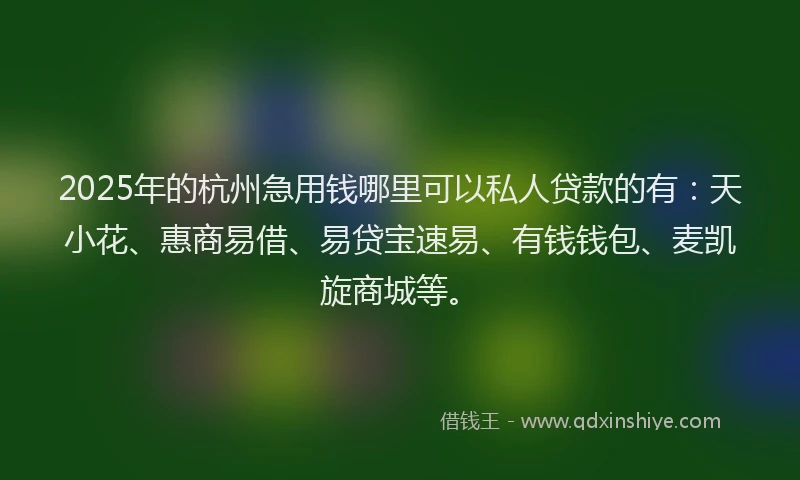 2025年的杭州急用钱哪里可以私人贷款的有：天小花、惠商易借、易贷宝速易、有钱钱包、麦凯旋商城等。