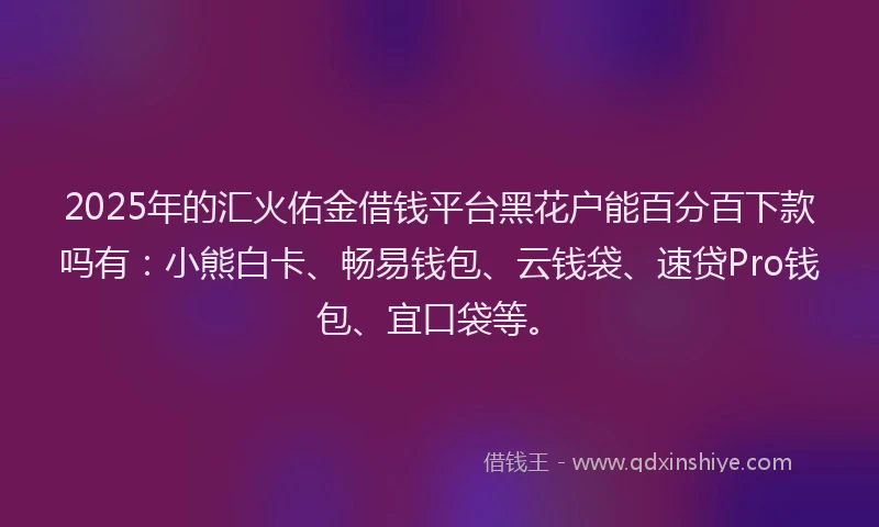 2025年的汇火佑金借钱平台黑花户能百分百下款吗有：小熊白卡、畅易钱包、云钱袋、速贷Pro钱包、宜口袋等。