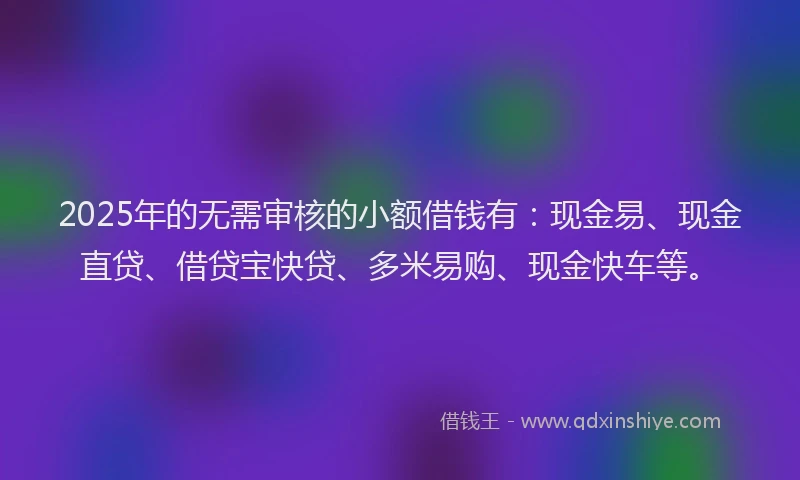 2025年的无需审核的小额借钱有：现金易、现金直贷、借贷宝快贷、多米易购、现金快车等。