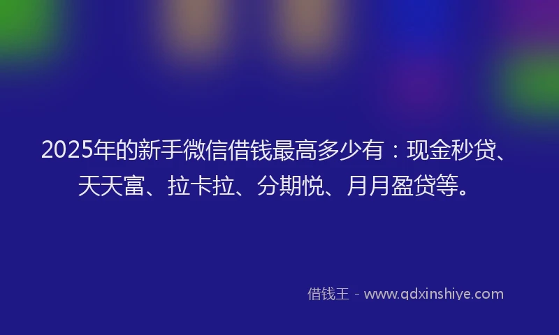 2025年的新手微信借钱最高多少有：现金秒贷、天天富、拉卡拉、分期悦、月月盈贷等。