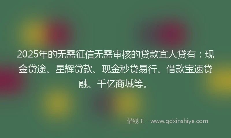 2025年的无需征信无需审核的贷款宜人贷有：现金贷途、星辉贷款、现金秒贷易行、借款宝速贷融、千亿商城等。