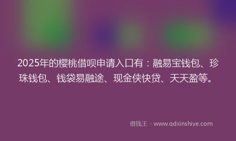 2025年的樱桃借呗申请入口有：融易宝钱包、珍珠钱包、钱袋易融途、现金侠快贷、天天盈等。