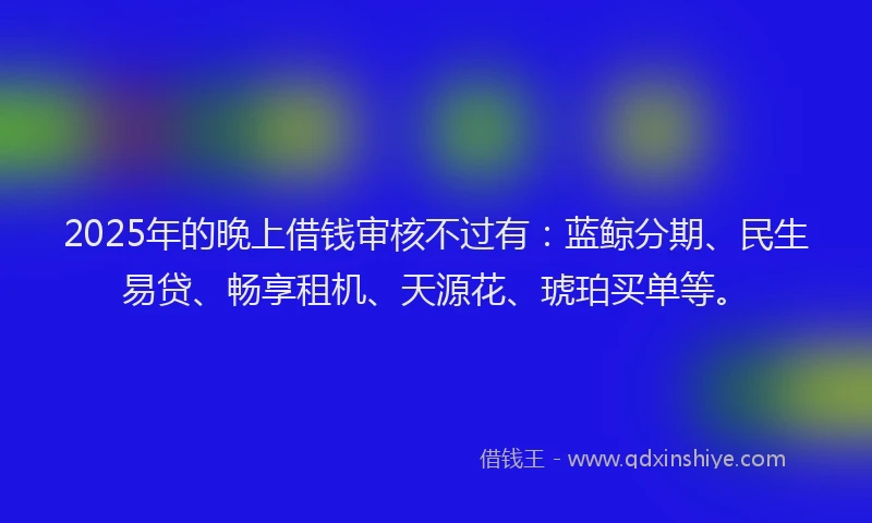2025年的晚上借钱审核不过有：蓝鲸分期、民生易贷、畅享租机、天源花、琥珀买单等。