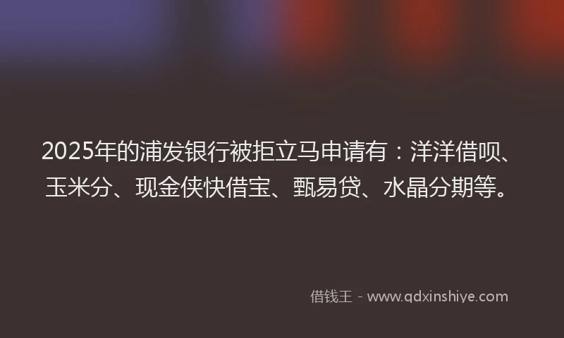 2025年的浦发银行被拒立马申请有：洋洋借呗、玉米分、现金侠快借宝、甄易贷、水晶分期等。