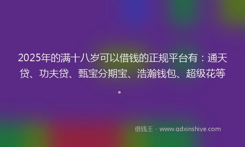 2025年的满十八岁可以借钱的正规平台有：通天贷、功夫贷、甄宝分期宝、浩瀚钱包、超级花等。