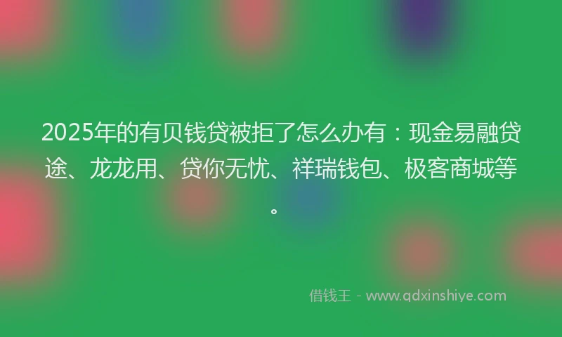 2025年的有贝钱贷被拒了怎么办有：现金易融贷途、龙龙用、贷你无忧、祥瑞钱包、极客商城等。