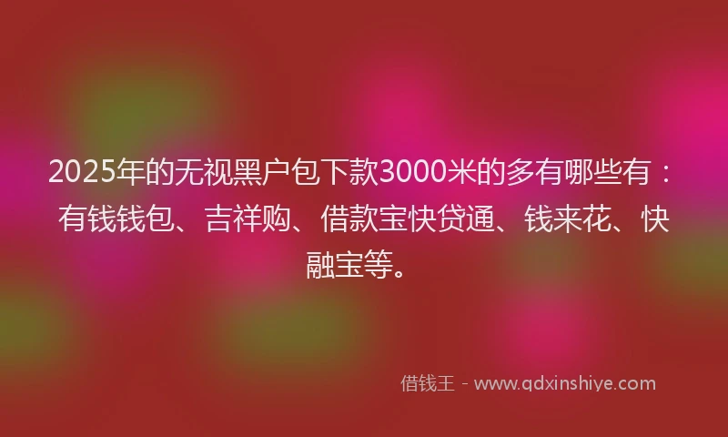 2025年的无视黑户包下款3000米的多有哪些有：有钱钱包、吉祥购、借款宝快贷通、钱来花、快融宝等。