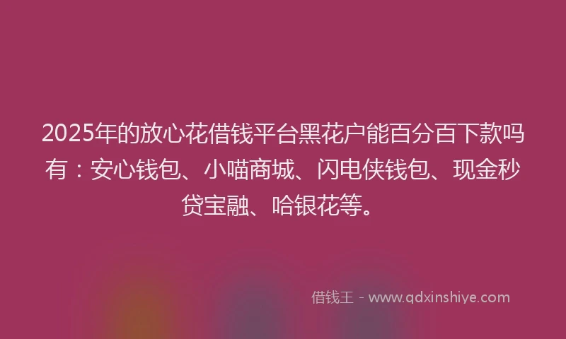 2025年的放心花借钱平台黑花户能百分百下款吗有：安心钱包、小喵商城、闪电侠钱包、现金秒贷宝融、哈银花等。