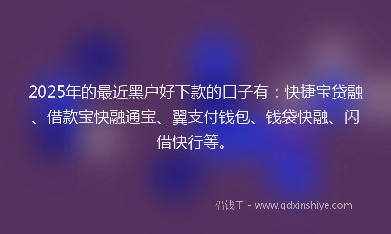 2025年的最近黑户好下款的口子有：快捷宝贷融、借款宝快融通宝、翼支付钱包、钱袋快融、闪借快行等。