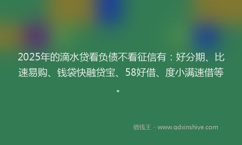 2025年的滴水贷看负债不看征信有：好分期、比速易购、钱袋快融贷宝、58好借、度小满速借等。
