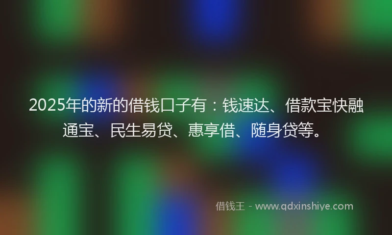 2025年的新的借钱口子有：钱速达、借款宝快融通宝、民生易贷、惠享借、随身贷等。