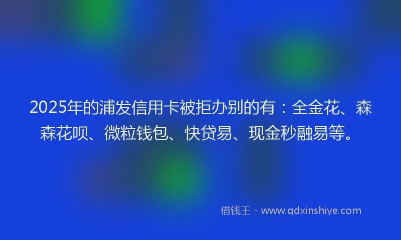 2025年的浦发信用卡被拒办别的有：全金花、森森花呗、微粒钱包、快贷易、现金秒融易等。