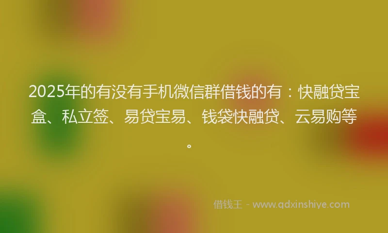 2025年的有没有手机微信群借钱的有：快融贷宝盒、私立签、易贷宝易、钱袋快融贷、云易购等。