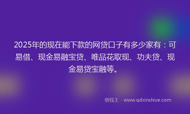 2025年的现在能下款的网贷口子有多少家有：可易借、现金易融宝贷、唯品花取现、功夫贷、现金易贷宝融等。