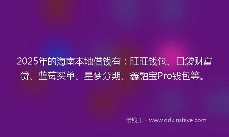 2025年的海南本地借钱有：旺旺钱包、口袋财富贷、蓝莓买单、星梦分期、鑫融宝Pro钱包等。