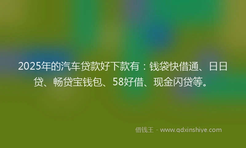 2025年的汽车贷款好下款有：钱袋快借通、日日贷、畅贷宝钱包、58好借、现金闪贷等。