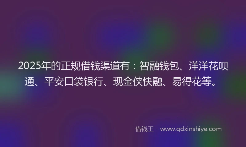 2025年的正规借钱渠道有：智融钱包、洋洋花呗通、平安口袋银行、现金侠快融、易得花等。