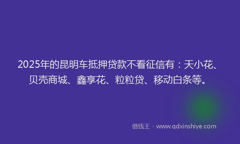 2025年的昆明车抵押贷款不看征信有：天小花、贝壳商城、鑫享花、粒粒贷、移动白条等。