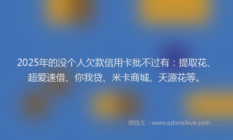 2025年的没个人欠款信用卡批不过有：提取花、超爱速借、你我贷、米卡商城、天源花等。