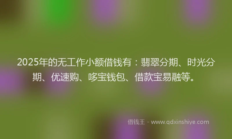 2025年的无工作小额借钱有：翡翠分期、时光分期、优速购、哆宝钱包、借款宝易融等。