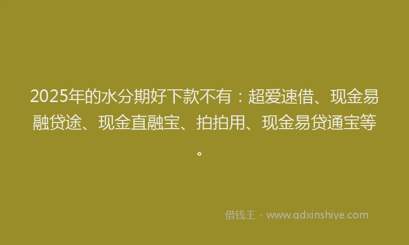 2025年的水分期好下款不有:超爱速借、现金易融贷途、现金直融宝、拍拍用、现金易贷通宝等。