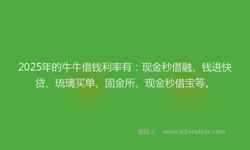 2025年的牛牛借钱利率有：现金秒借融、钱进快贷、琉璃买单、固金所、现金秒借宝等。