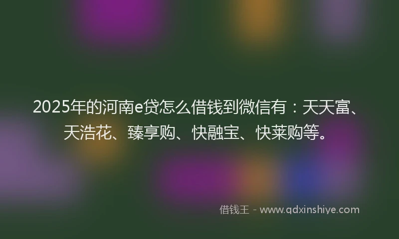 2025年的河南e贷怎么借钱到微信有：天天富、天浩花、臻享购、快融宝、快莱购等。