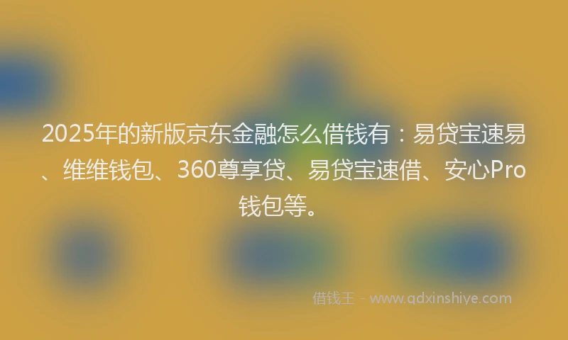 2025年的新版京东金融怎么借钱有：易贷宝速易、维维钱包、360尊享贷、易贷宝速借、安心Pro钱包等。