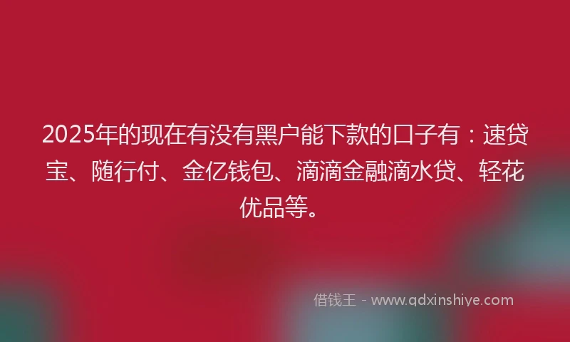 2025年的现在有没有黑户能下款的口子有：速贷宝、随行付、金亿钱包、滴滴金融滴水贷、轻花优品等。