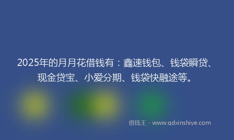 2025年的月月花借钱有：鑫速钱包、钱袋瞬贷、现金贷宝、小爱分期、钱袋快融途等。