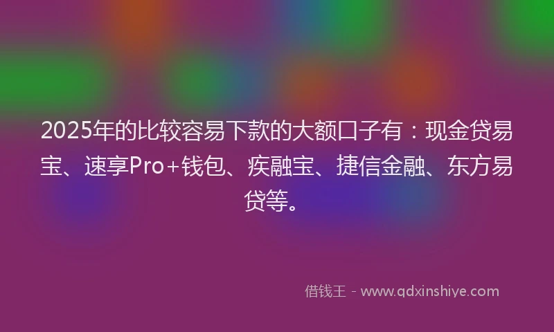 2025年的比较容易下款的大额口子有：现金贷易宝、速享Pro+钱包、疾融宝、捷信金融、东方易贷等。