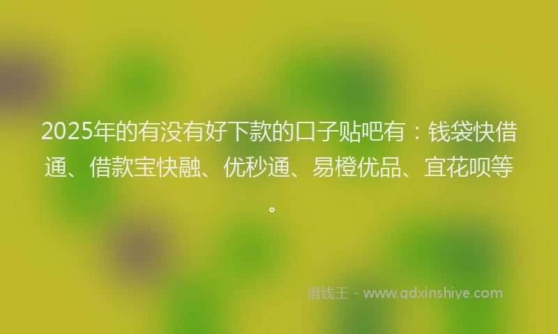 2025年的有没有好下款的口子贴吧有：钱袋快借通、借款宝快融、优秒通、易橙优品、宜花呗等。