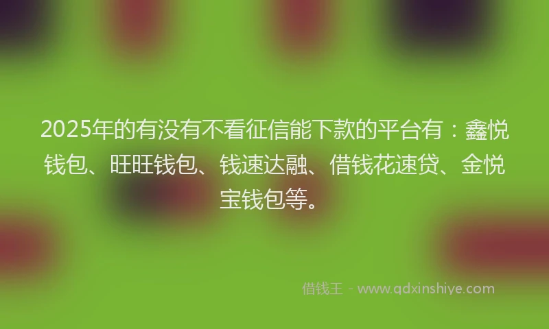 2025年的有没有不看征信能下款的平台有：鑫悦钱包、旺旺钱包、钱速达融、借钱花速贷、金悦宝钱包等。