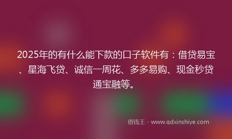 2025年的有什么能下款的口子软件有：借贷易宝、星海飞贷、诚信一周花、多多易购、现金秒贷通宝融等。