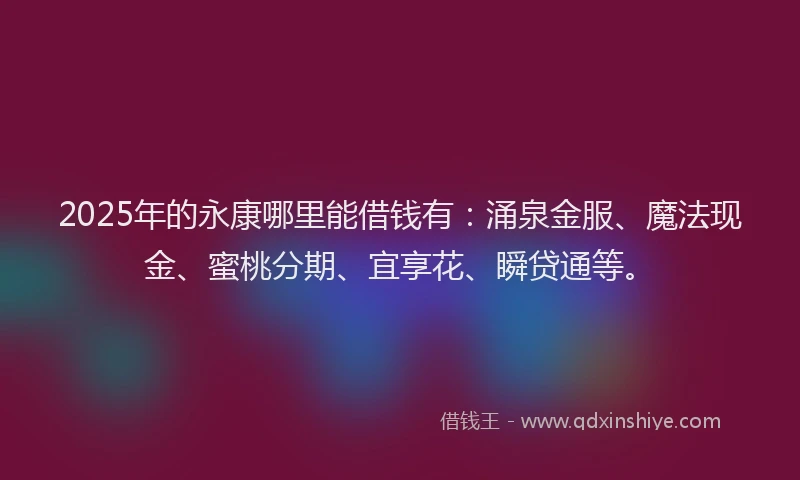 2025年的永康哪里能借钱有：涌泉金服、魔法现金、蜜桃分期、宜享花、瞬贷通等。