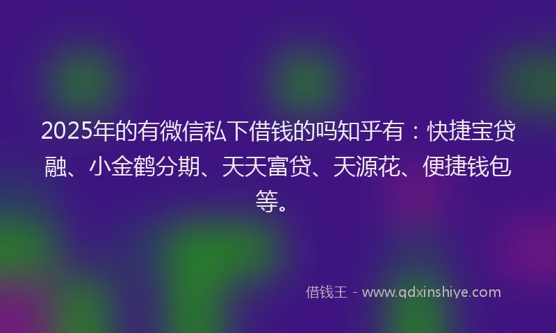 2025年的有微信私下借钱的吗知乎有：快捷宝贷融、小金鹤分期、天天富贷、天源花、便捷钱包等。